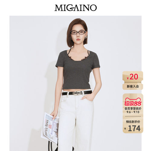 Migaino曼娅奴女装2026年夏季新款设计感蕾丝拼接轻熟风短袖T恤