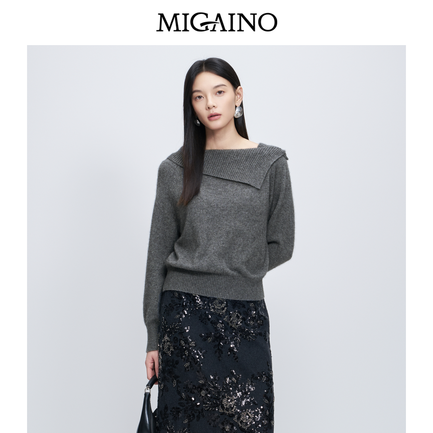 Migaino曼娅奴女装秋冬新款高级感灰色宽松休闲毛衣MP42WH231