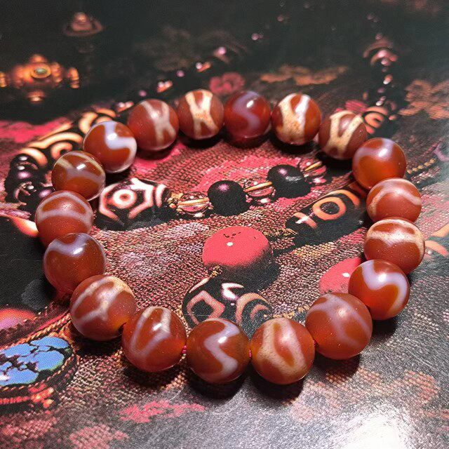 龟甲虎牙图案单圈圆珠手链10mm红肉佛珠念珠手串红色收藏品aqx11