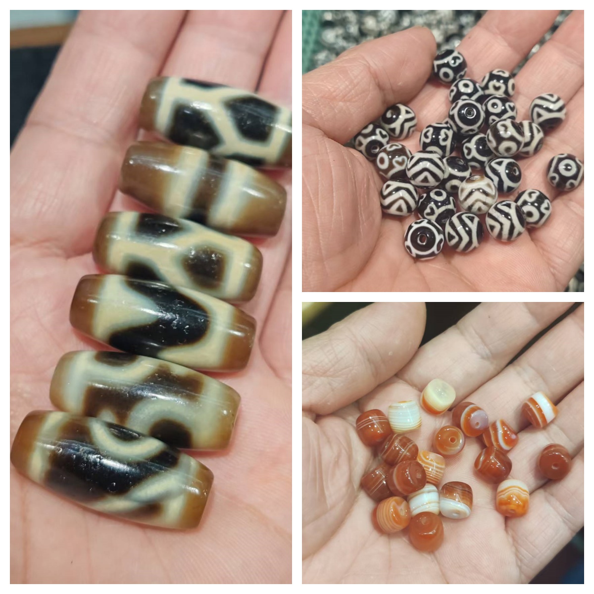 100颗/包 牙黄黑白红肉玛瑙小天珠桶珠条纹玛瑙虎牙宝瓶龟甲线珠