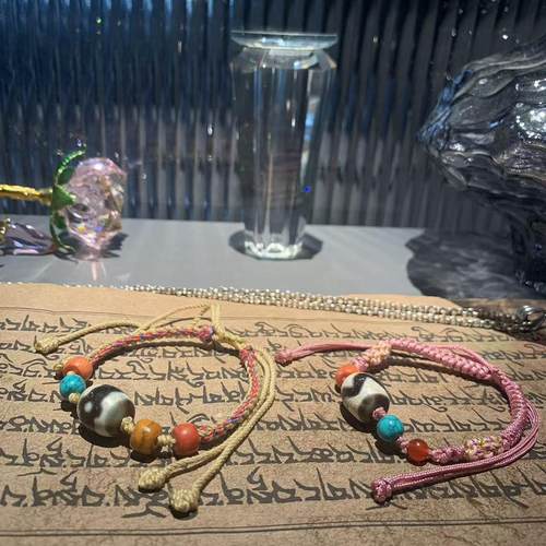 藏式老骨珠手工棉绳天珠手链风化台珠达洛坛城三眼虎牙图案桃花结