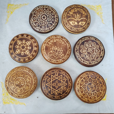 小号老旧棕黄色圆饼形白松石天珠dzi摆件殊胜家居装饰礼品