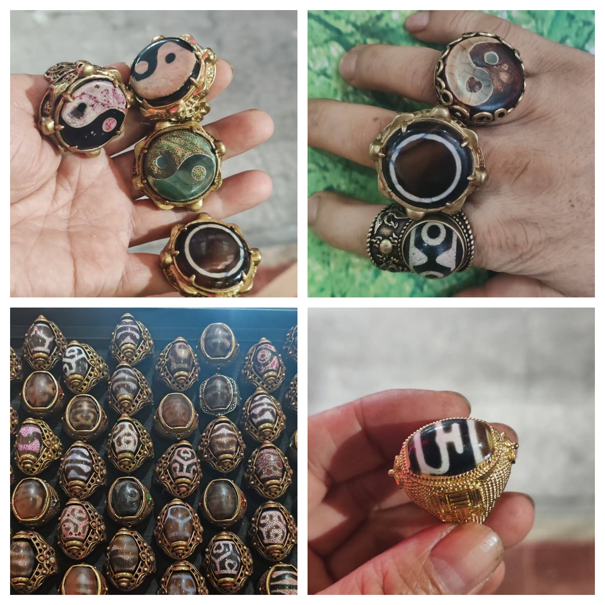 做旧铜镶天珠戒指老皮纹羊板珠