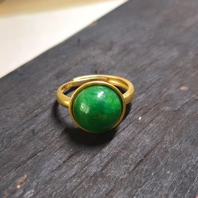 天原玉石干青翡翠戒指蛋面简约时尚几何形古典S925镀金哑光aqx10