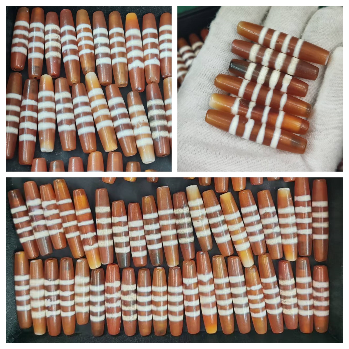 西亚红玉髓黄金尺寸40-45长四条白线七线珠天珠瘦型长直管珠散珠