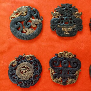 和田玉古玉鎏金玉璧挂件存世量少古图腾吉祥瑞兽龙凤收藏品aqx8