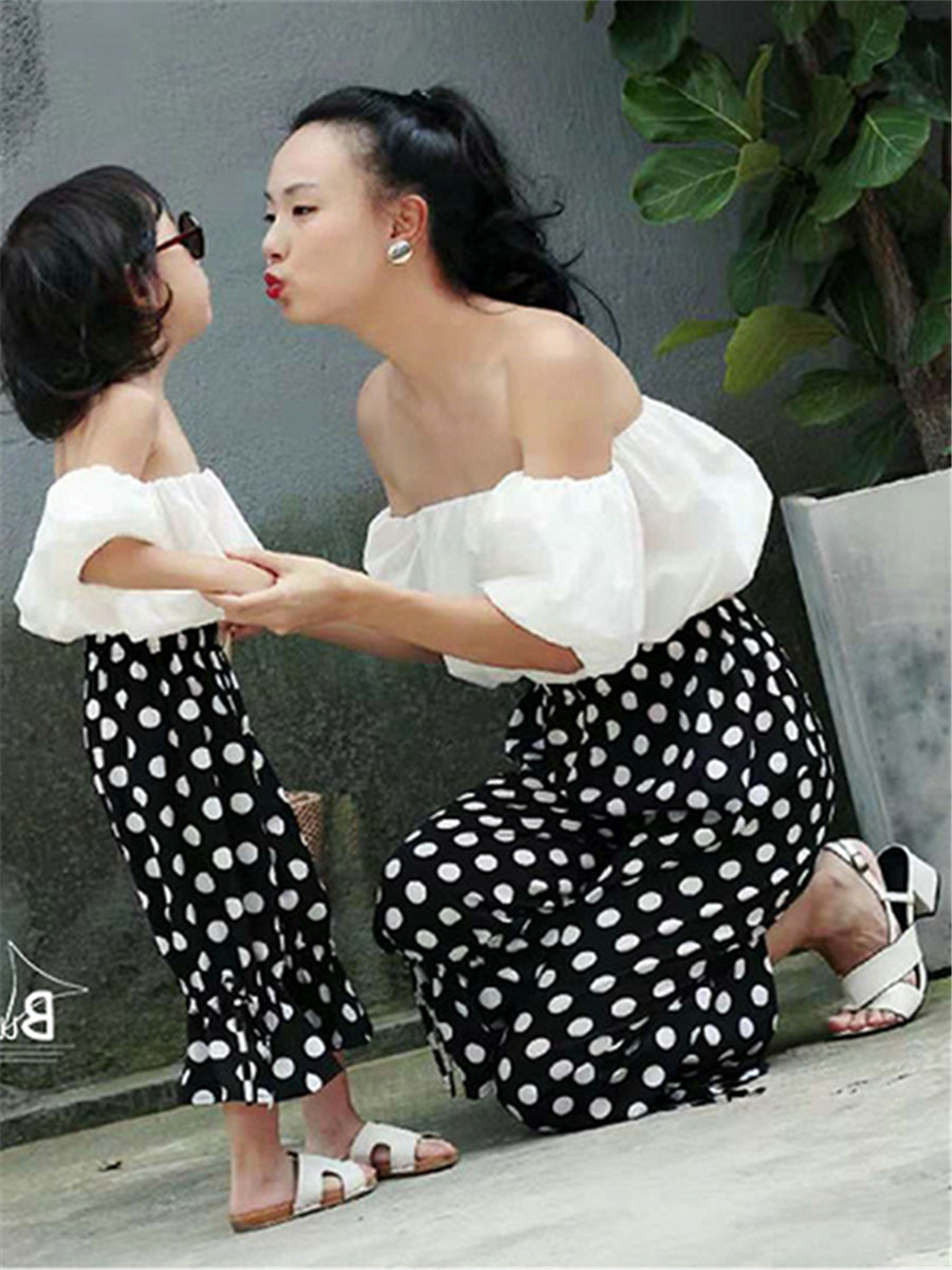 친자 모녀복 한식 여아복 오프숄더 탑과 도트 나인포인트 팬츠 여름옷 신대외 무역 아동복