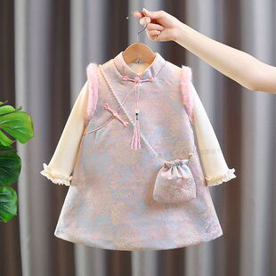 女童新中式盘扣连衣裙套装甜美加绒保暖拜年服裙子旗袍加厚新年裙