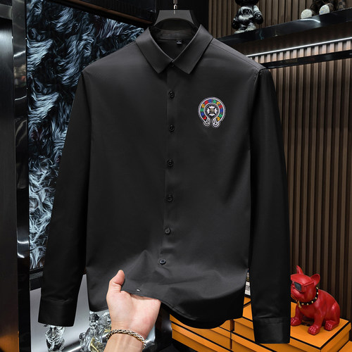 欧货潮牌轻奢男装个性徽章印花长袖衬衫男高级感修身时尚休闲衬衣