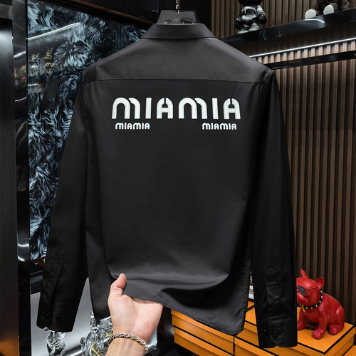 新款男士字母印花长袖衬衫修身衬