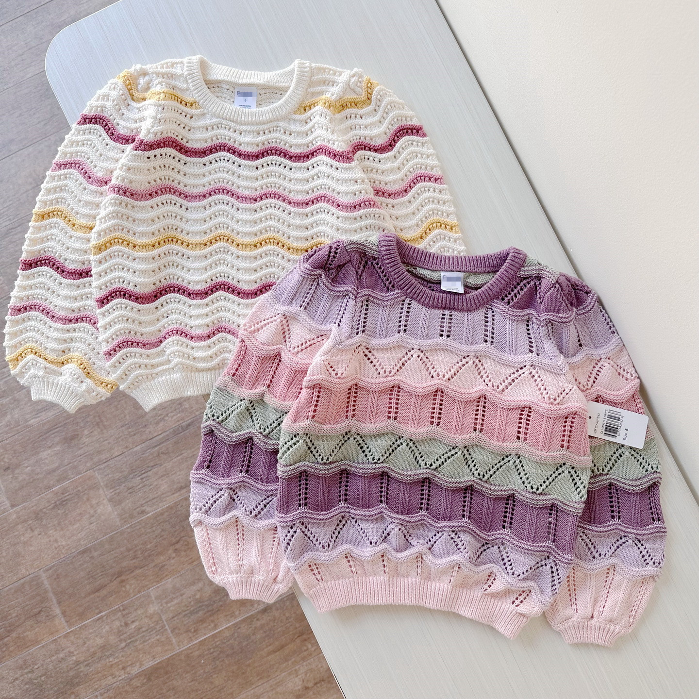 6-12岁 出口欧洲童装春秋季立体波浪纹钩花毛衣 女童彩条纹线衣