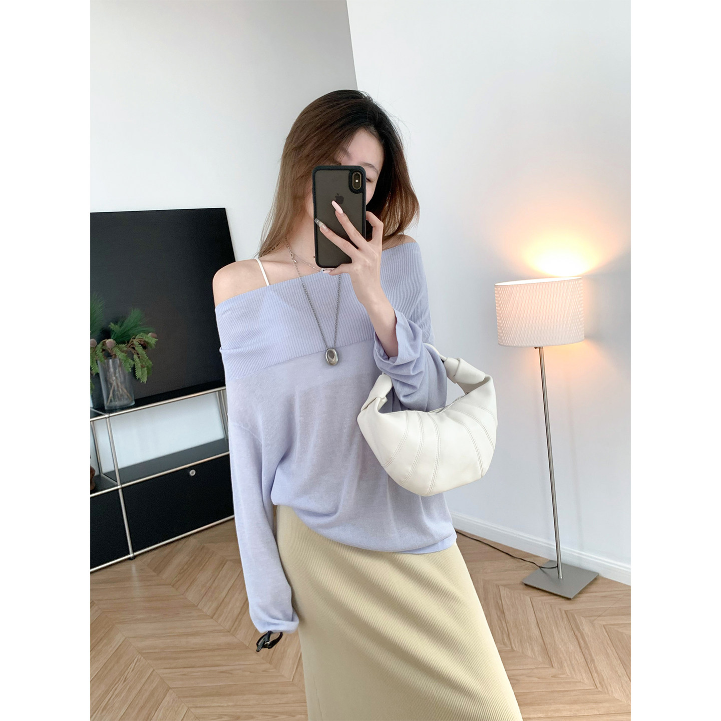 心机锁骨 微透亚麻天丝一字领时髦露肩针织衫26春夏宽松罩衫防晒