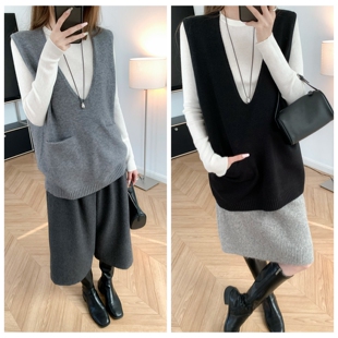 可穿性高 宽松深V领针织马甲25冬季简约廓形无袖毛衣背心叠穿上衣