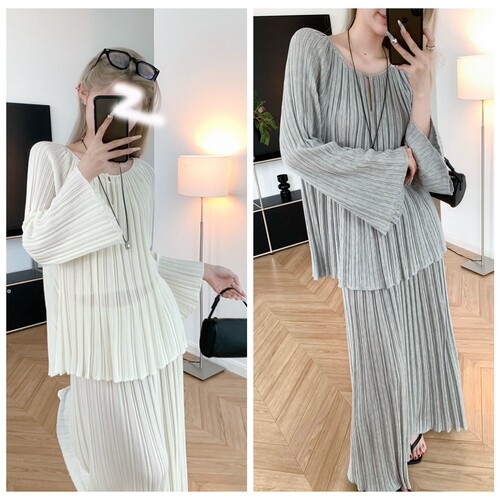 清透美人 纸片人套装 早秋天丝莱赛尔喇叭袖针织衫+A字半裙两件套