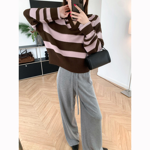 不规整条纹 Polo海鸥领宽松针织衫肌理感休闲羊毛撞色毛衣套头女