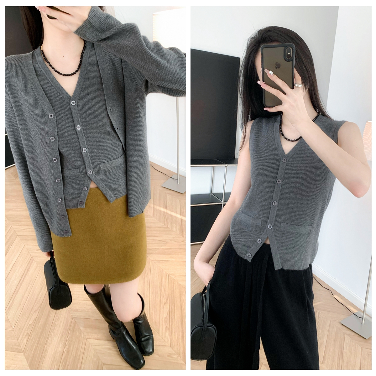 两件套针织马甲羊毛混纺开衫