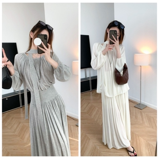 仙女降临 早春天丝飘带针织衫长袖罩衫+高腰百褶半身长裙两件套装
