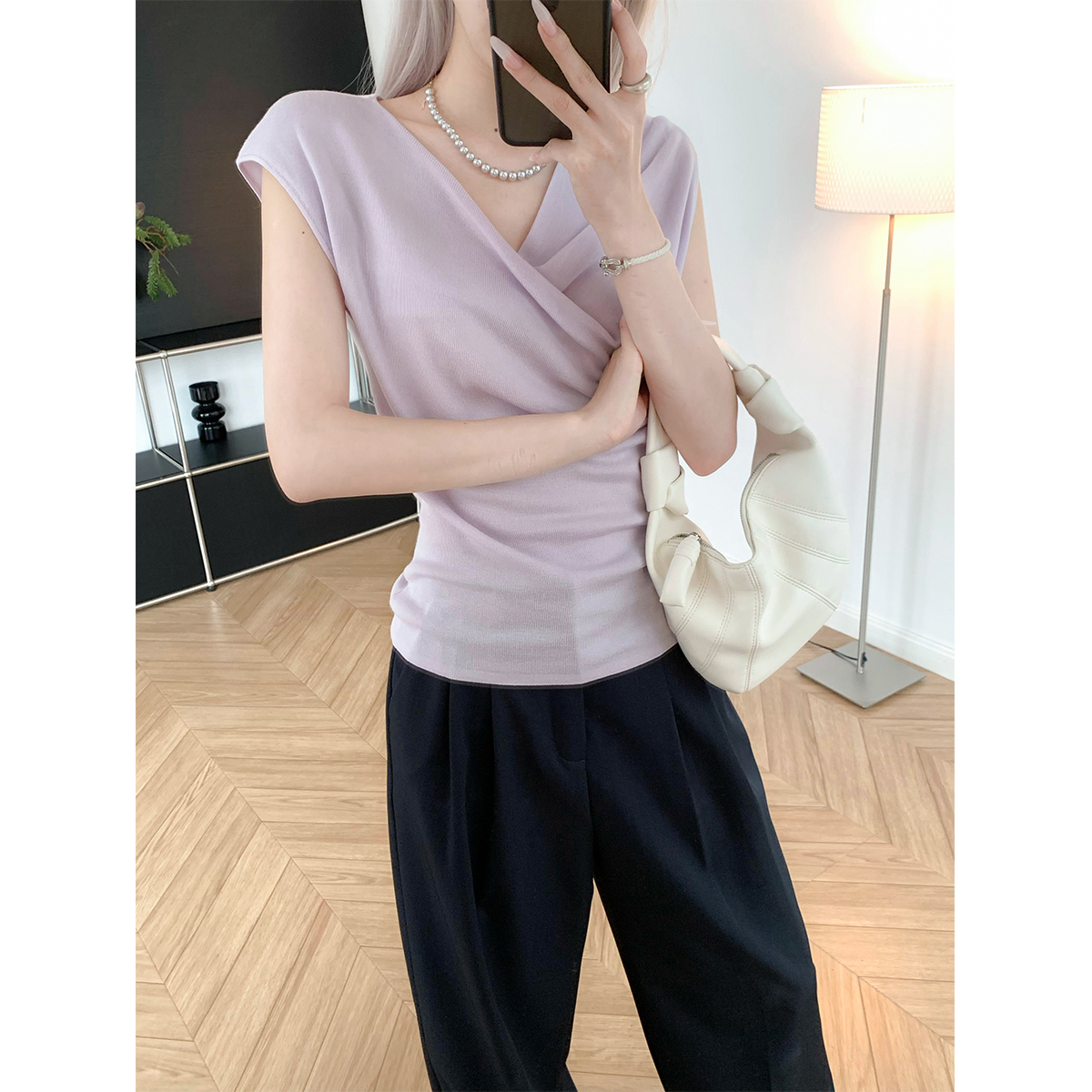 浪漫的荡领 法式天丝针织衫背心夏季包肩无袖上衣轻薄套头女新品