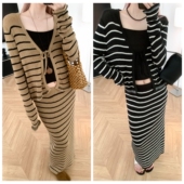 松紧腰半身裙慵懒两件套装 时髦斑马 系带 亚麻莱赛尔条纹开衫 夏季
