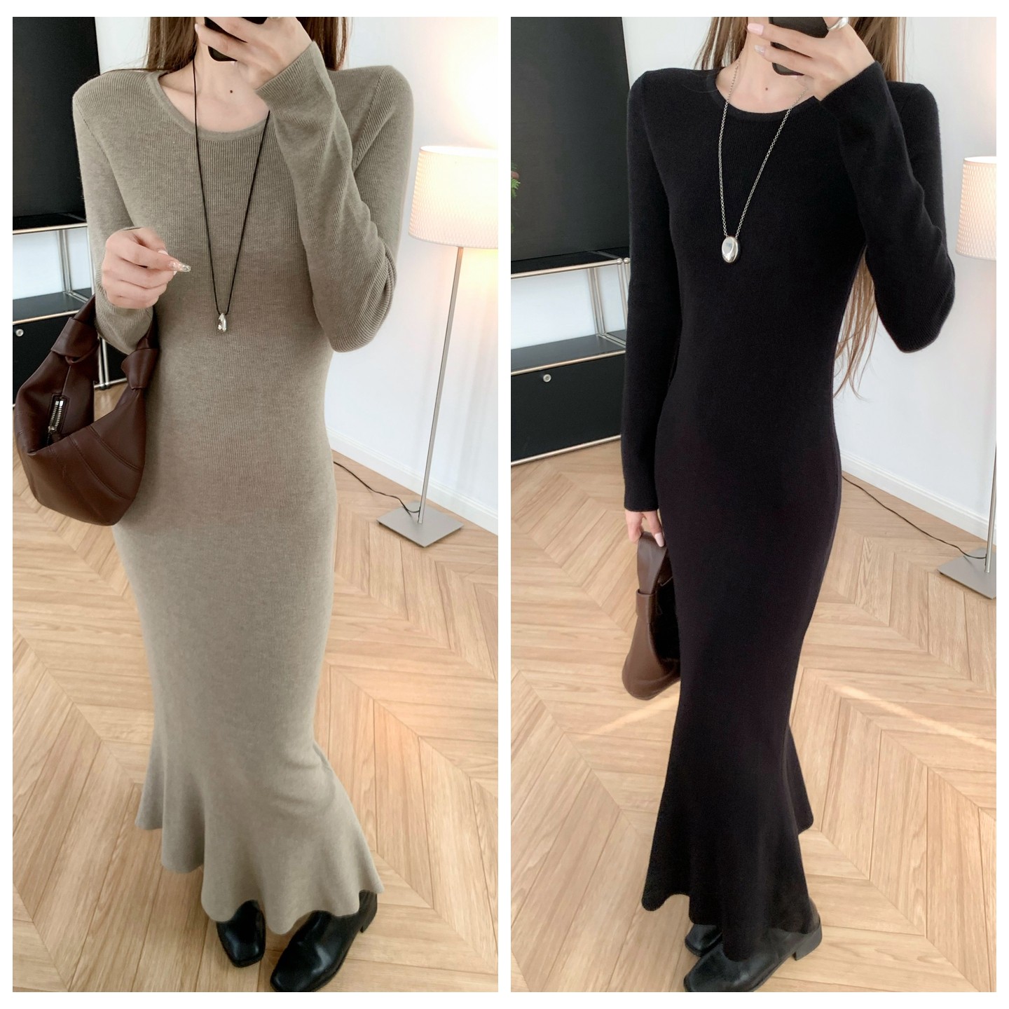 秋冬莫代尔收腰鱼尾针织连衣裙