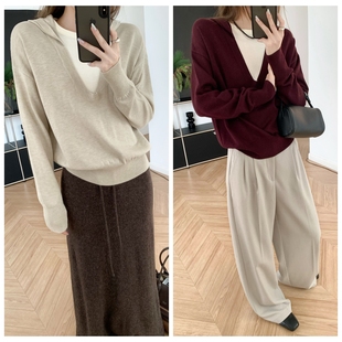 老钱vibe 假两件连帽针织衫长袖落肩休闲毛衣2025秋冬宽松上衣女