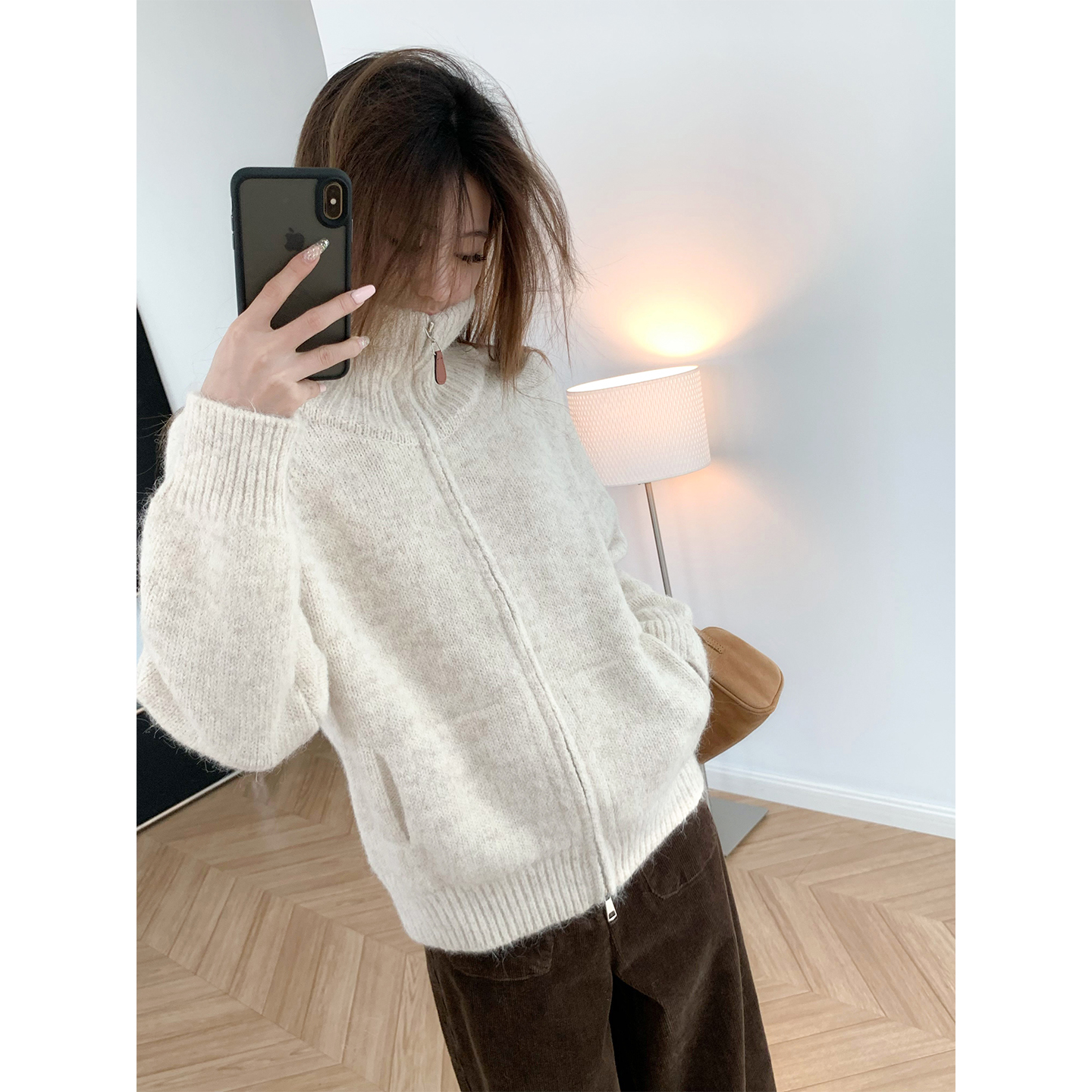 羊毛双层保暖翻领拉链开衫女