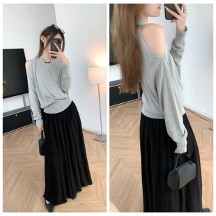 收腰松弛感 早春露肩交叠V领针织衫莱赛尔天丝长袖围裹式慵懒上衣