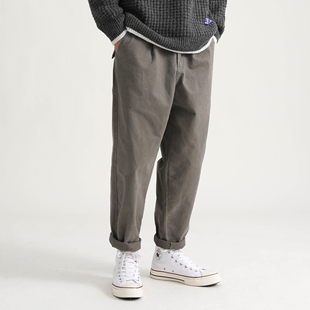 文艺休闲简约直筒裤 写意秋季 男潮 男装 裤 新品 日系复古纯色九分工装