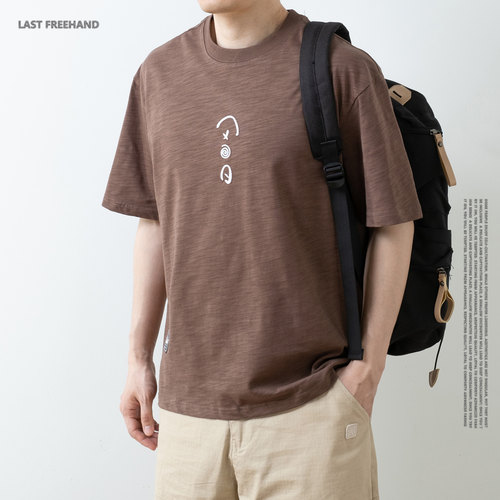 LFH写意 230g竹节棉日式复古短袖男夏季全棉宽松体恤刺绣上衣男T
