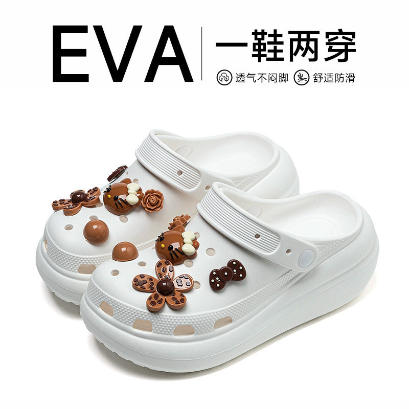 泡芙个性DIY卡通可爱少女心豹纹花朵黑皮辣妹洞洞鞋女厚底沙滩鞋