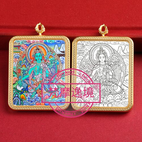 唐卡手绘DIY绿度母唐卡吊坠画芯涂色佛像白描唐卡白描F235