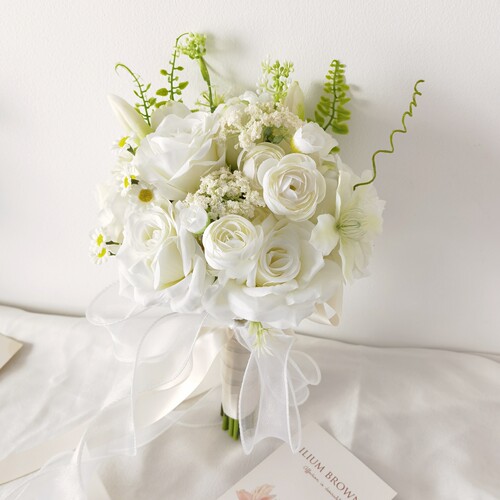 白色玫瑰郁金香仿真花束新娘手捧花球婚礼领证结婚 摆放装饰花