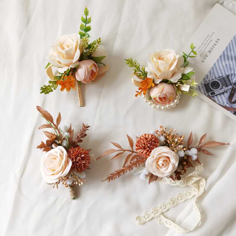 复古香槟色粉色玫瑰胸花