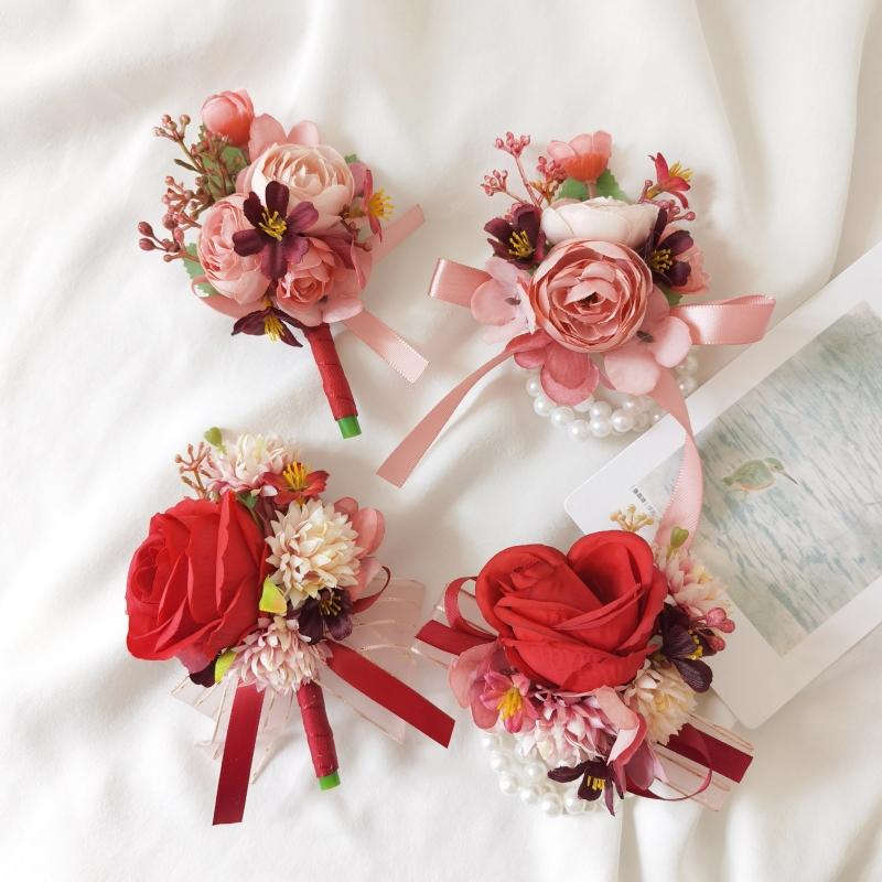 中式红色喜庆玫瑰手腕花结婚胸花