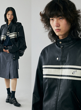 NKGC2022AW 秋冬美式复古条纹拼色刺绣机车皮衣夹克立领外套中性