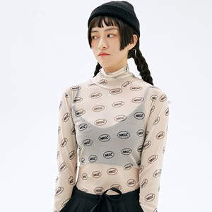 NKGC 19春夏LOGO自制印花复古小高领网纱打底衫T恤 男女可穿