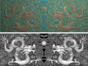 二龙戏珠精雕图云龙横版祥云背景门板雕刻图木雕石雕浮雕图 F3817