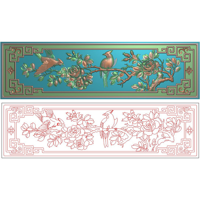精雕图灰度图浮雕图电脑雕刻精品月季花鸟抽斗围板横板带线 F4452