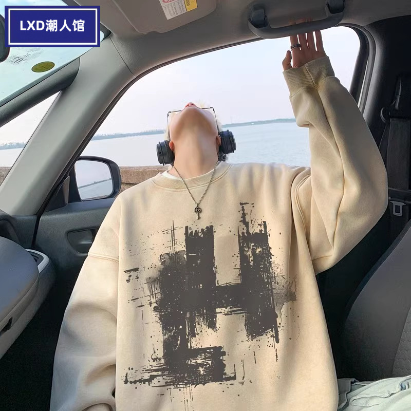 美式LH字母重磅卫衣男款春秋季水洗长袖T恤情侣宽松圆领上衣外套