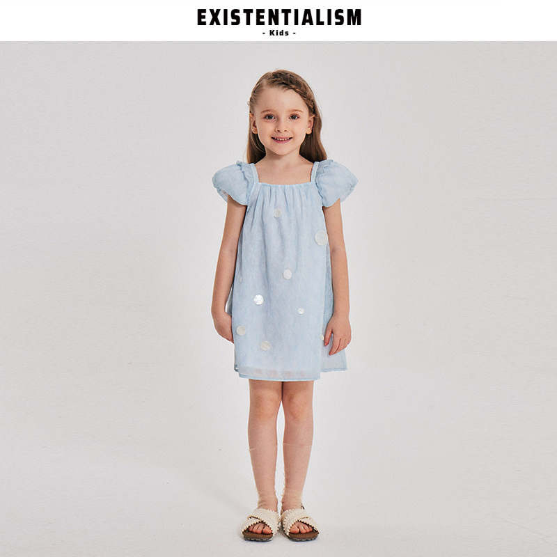 EXISTENTIALISMkids女童蓝波浪贝片连衣裙夏季甜美刺绣荷叶边