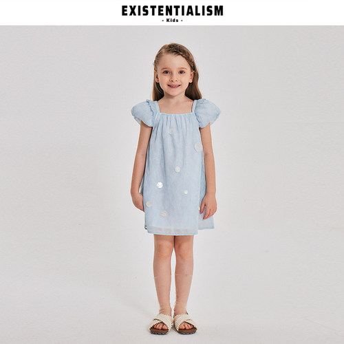 EXISTENTIALISMkids女童蓝波浪贝片连衣裙夏新款精致刺绣儿童长裙