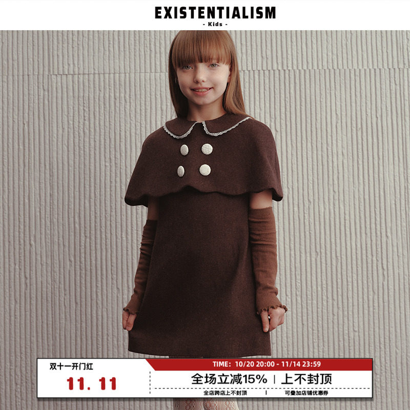 EXISTENTIALISMKids25新款童装可爱娃娃领连衣裙假两件斗篷背心裙