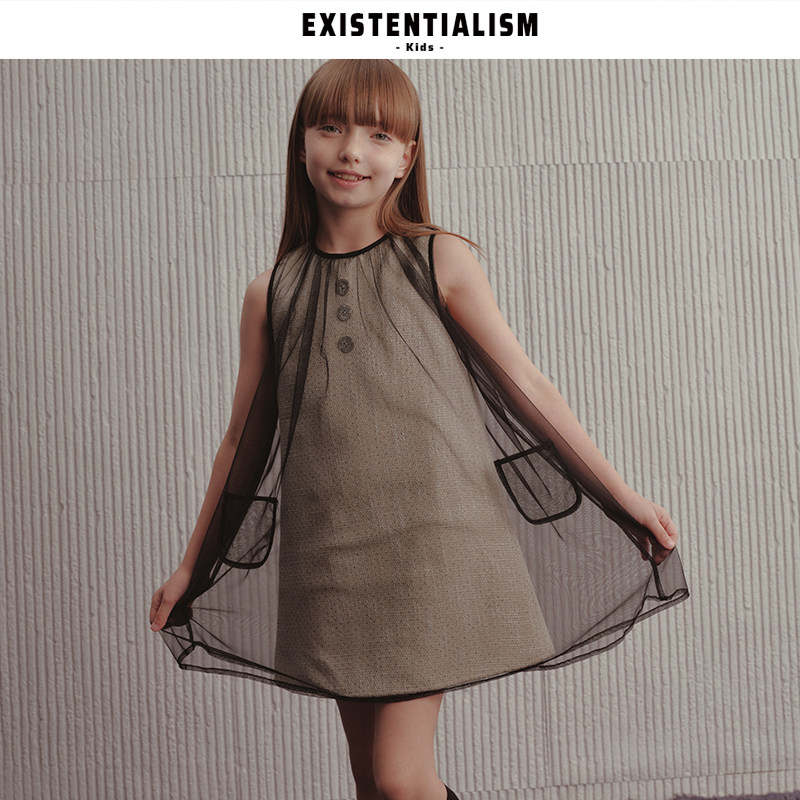 EXISTENTIALISMKids25新款童装假两件网纱粗花呢背心裙层次感短裙