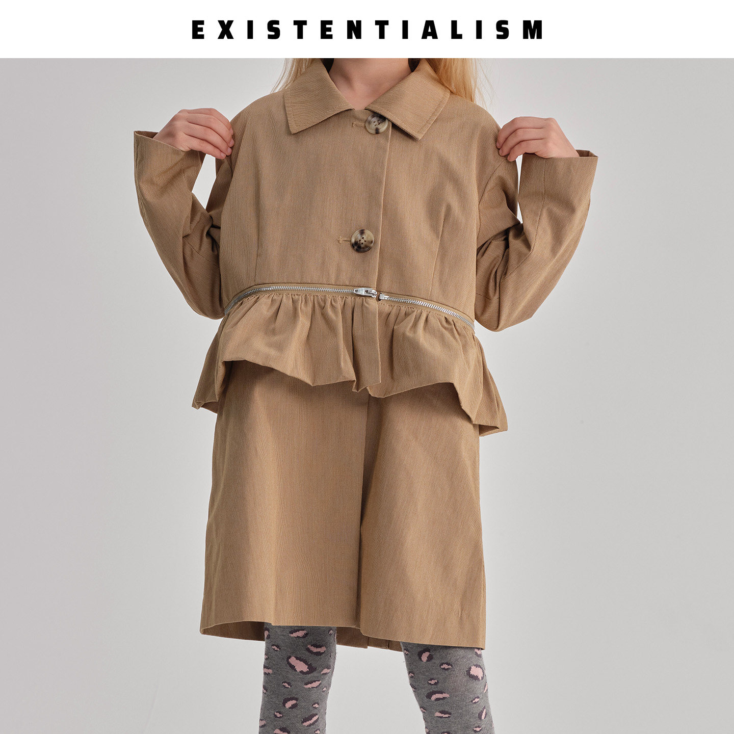 EXISTENTIALISMKids26秋冬女童可拆卸大花边风衣气质儿童长款外套