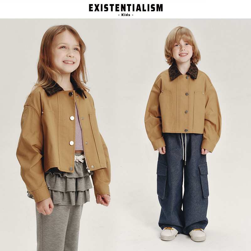 EXISTENTIALISMKids26ss新款童装巴恩风大口袋外套豹纹拼领夹克