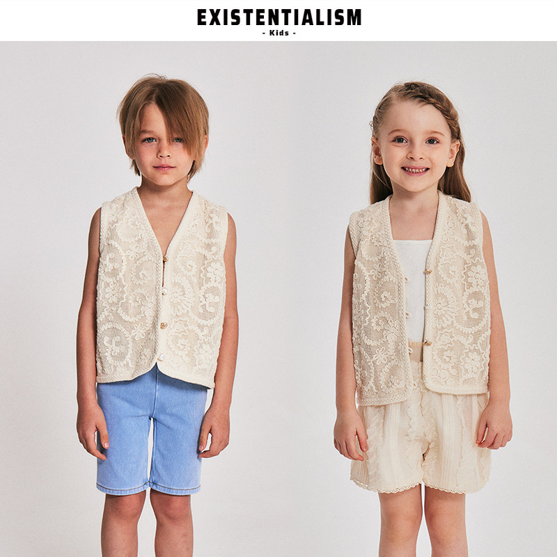 EXISTENTIALISMkids26新款春夏男女童装复古V领马甲贝壳扣小背心