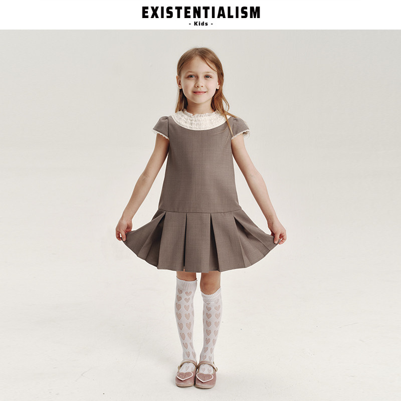 EXISTENTIALISMkids26ss新品休闲短袖百褶裙杏蕾经典拼领背心裙