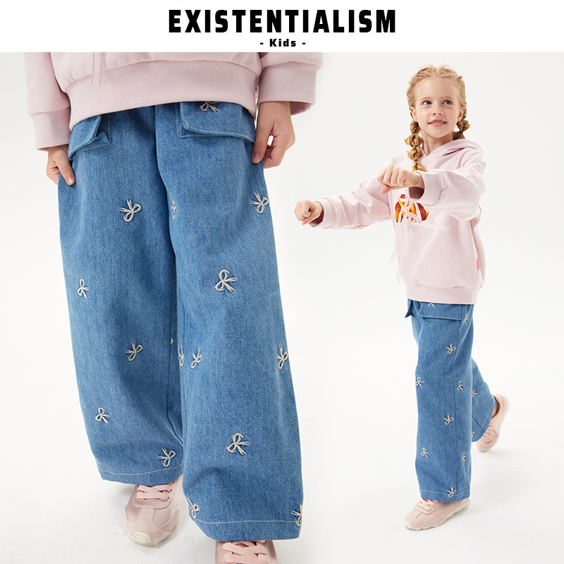 EM kids童装秋装新款女宝女童休闲可爱个性刺绣蝴蝶结牛仔裤
