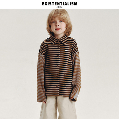 EXISTENTIALISMKids26ss新款亲肤宽松翻领上衣撞色条纹拼接开衫