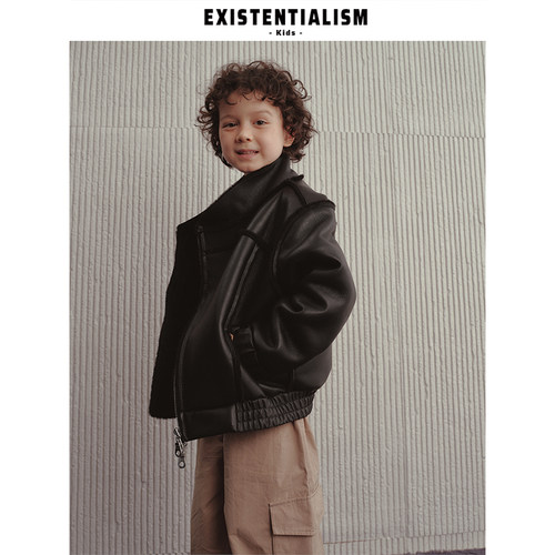 EXISTENTIALISMkids25新款童装斜门襟立领廓形皮衣皮毛黑机车外套